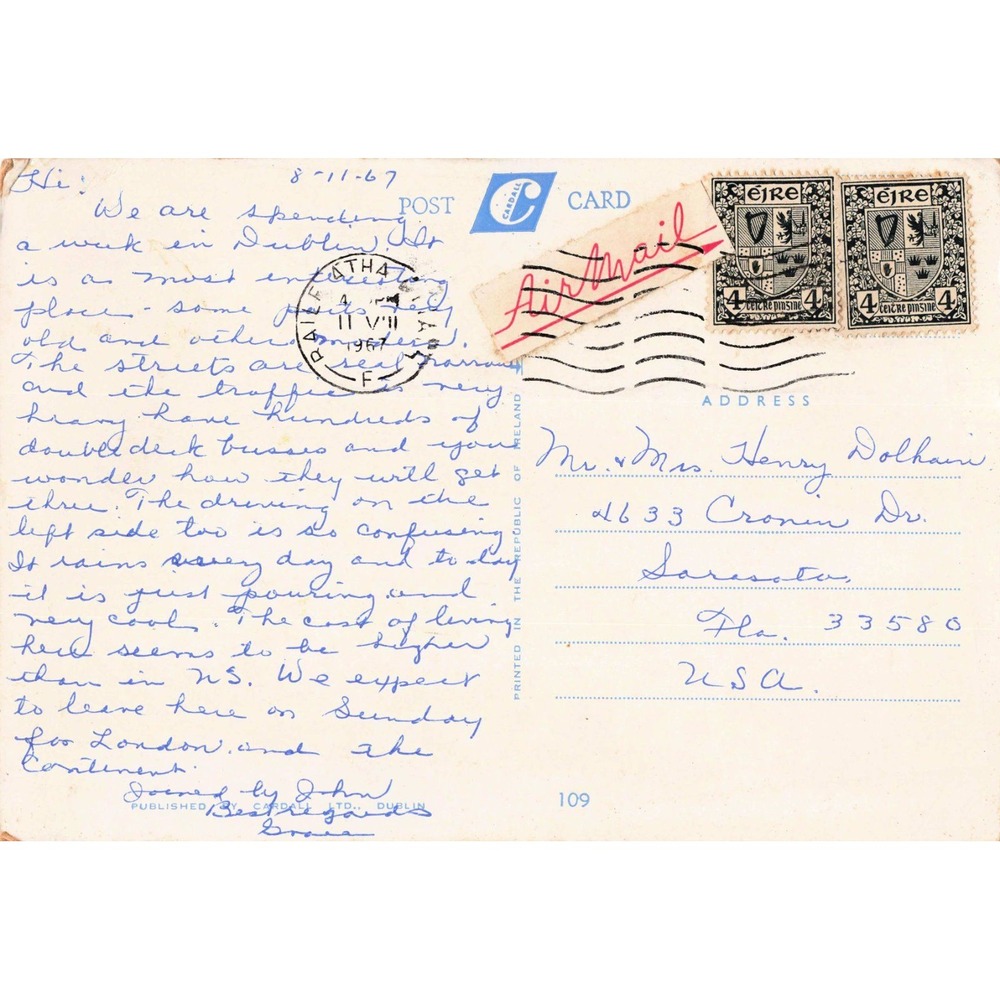 Vtg Vico Road Killiney Bay Hill Dublin Ireland Postcard 1967 Postmark Cardall - Picture 2 of 2